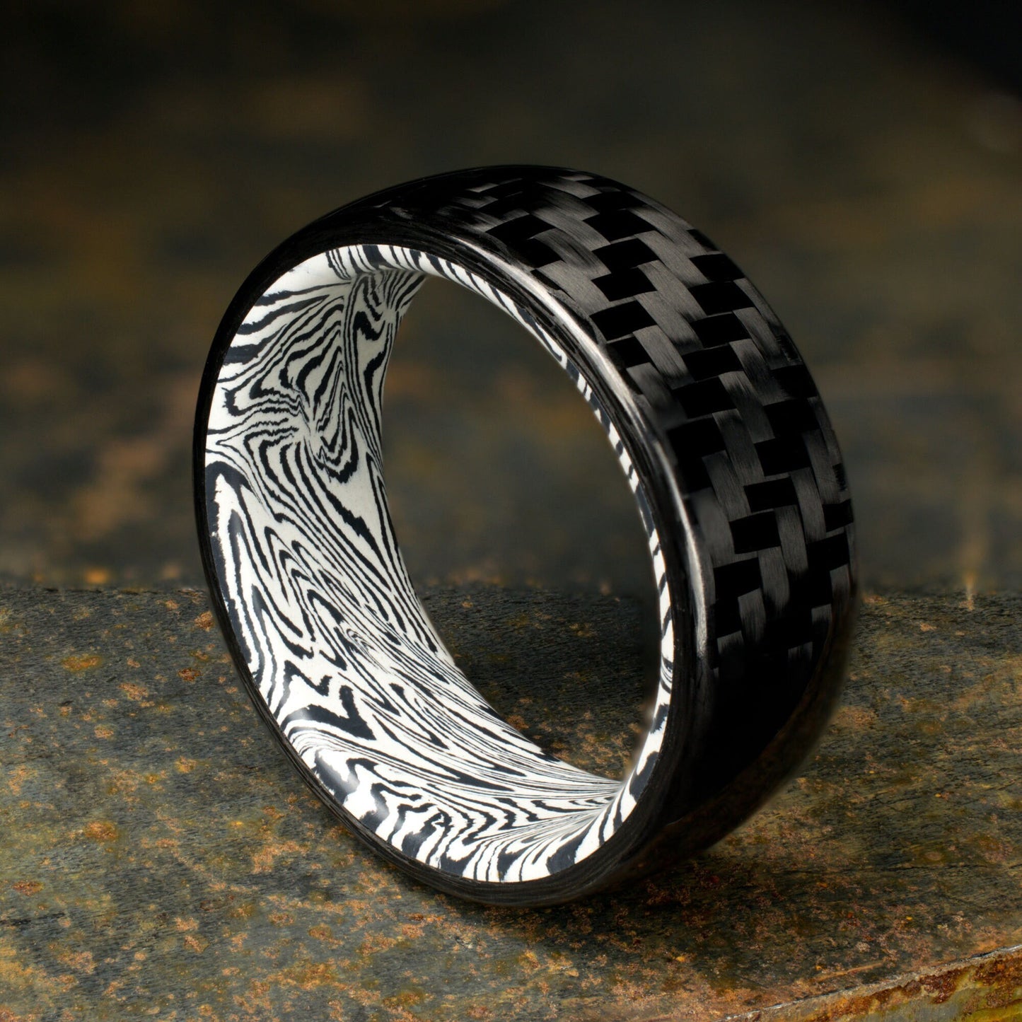 1k Twill Carbon Fiber Ring Lined With Tuxedo Mosaic Spectrum Damascus