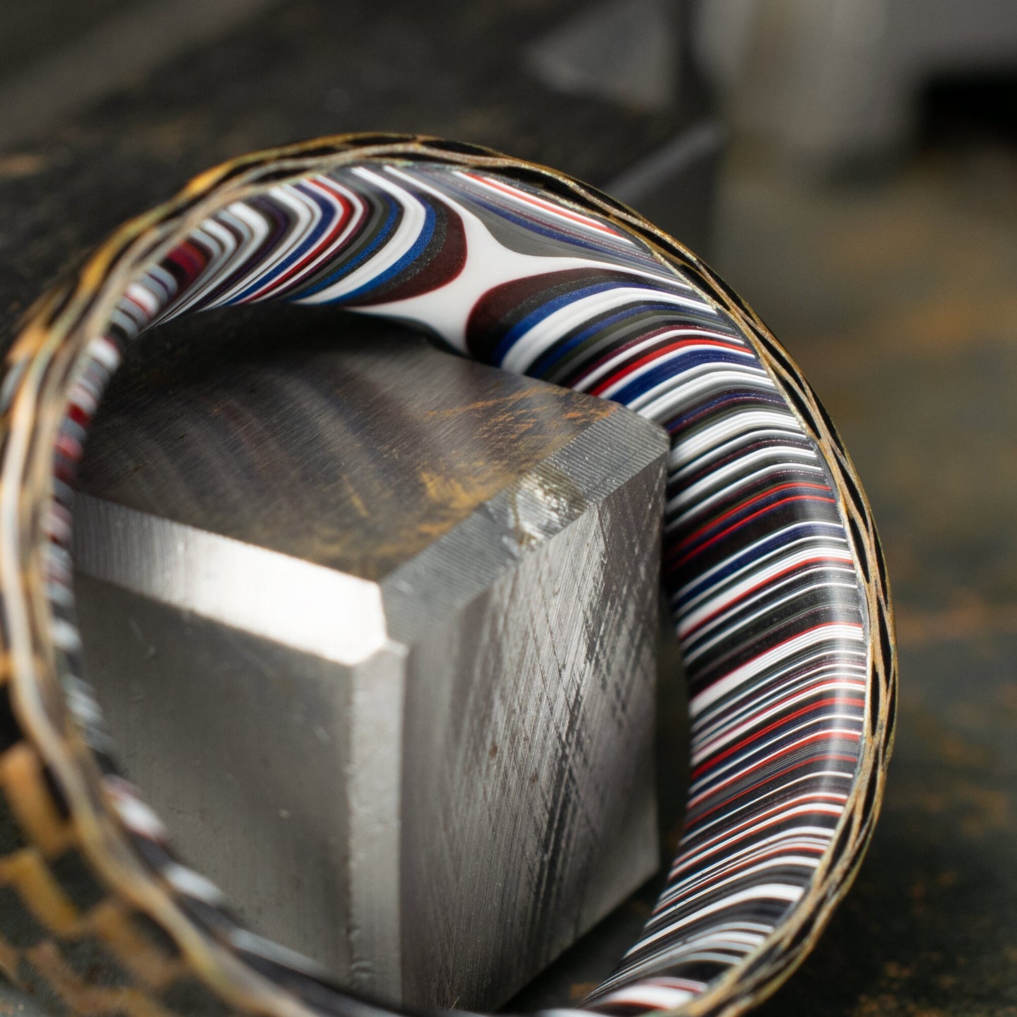 Checkered Zylon/Carbon Fiber Ring Lined With Cross Cut Fordite