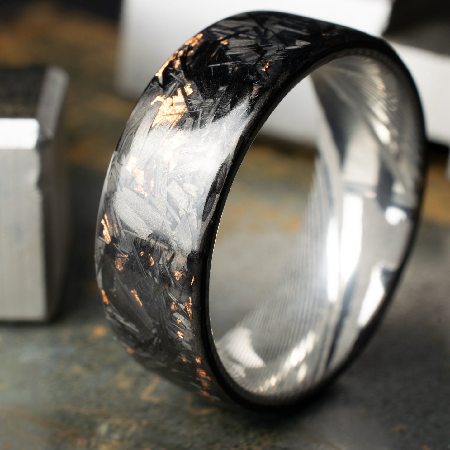 Polished Copper Chopped Carbon Fiber Lined With Damascus Steel