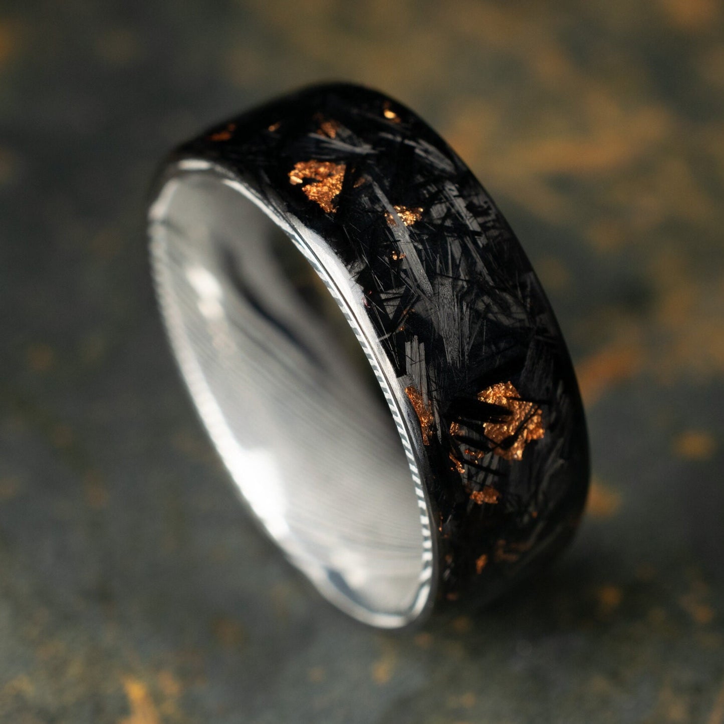 Polished Copper Chopped Carbon Fiber Lined With Damascus Steel