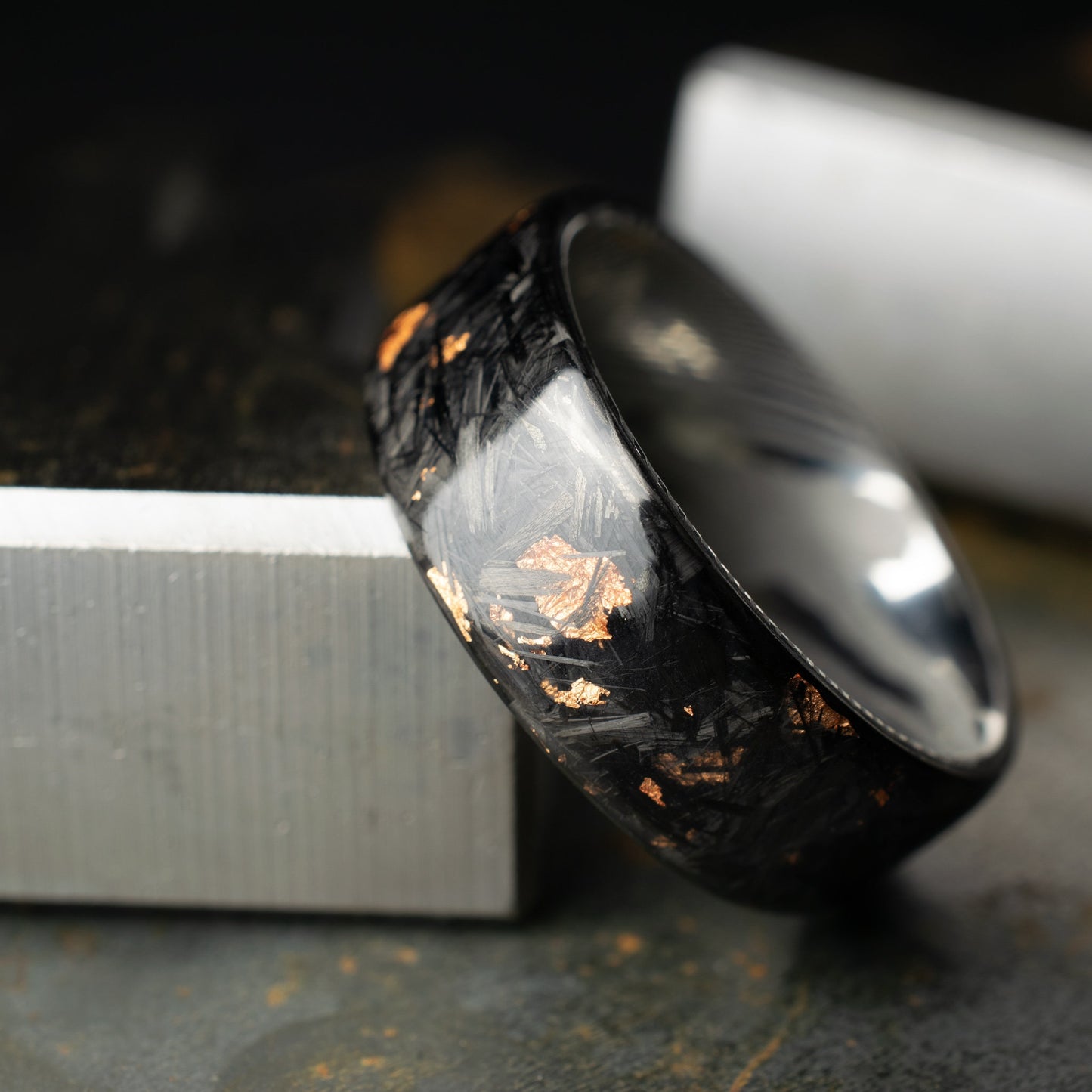 Polished Copper Chopped Carbon Fiber Lined With Damascus Steel