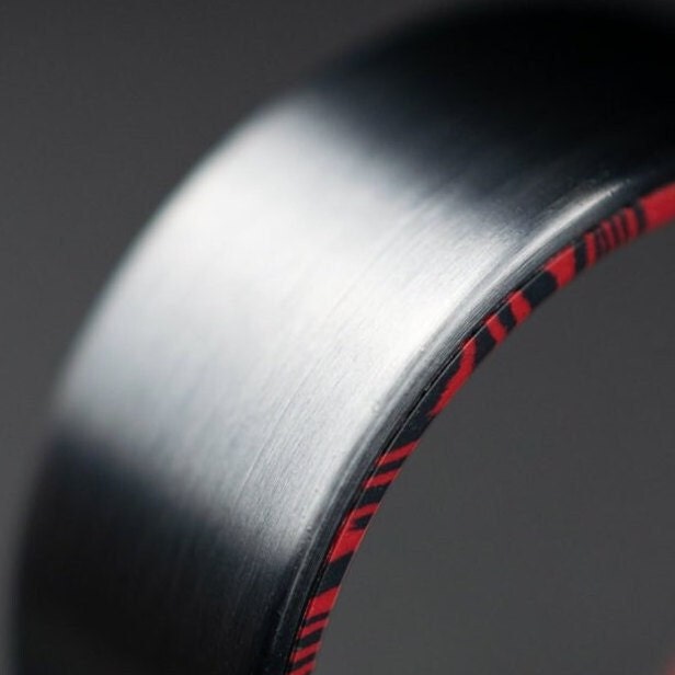 Black Titanium Ring Lined With Black and Red Mosaic Spectrum Damascus, Brushed Finish Black Titanium