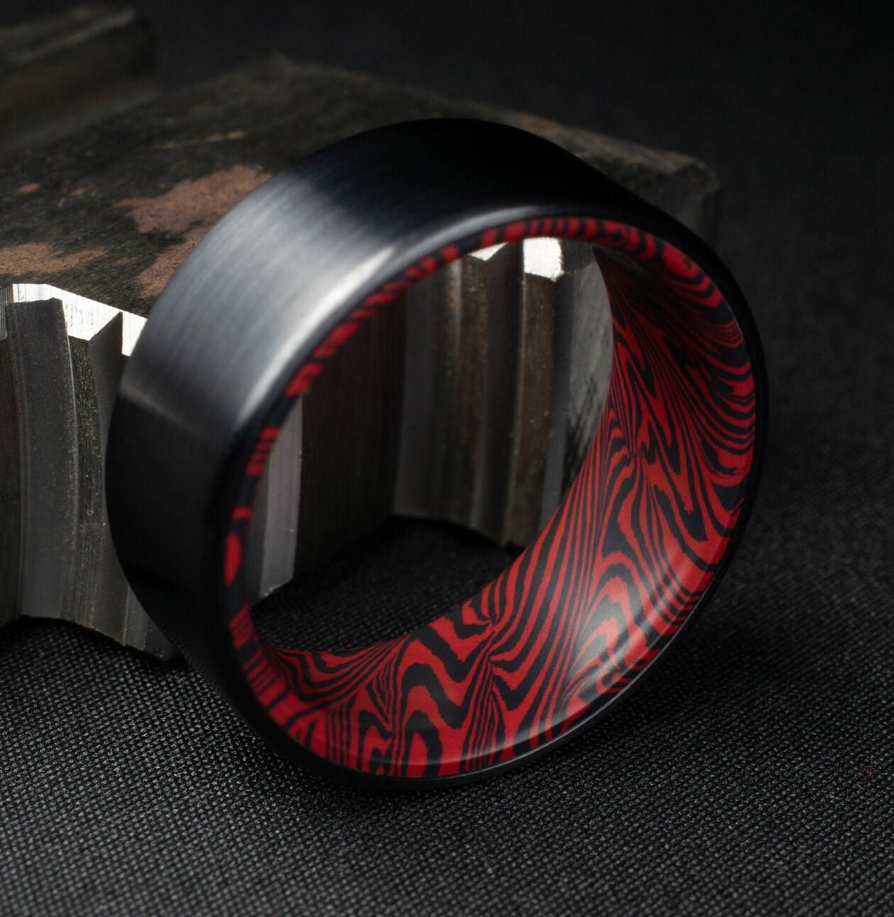 Black Titanium Ring Lined With Black and Red Mosaic Spectrum Damascus, Brushed Finish Black Titanium