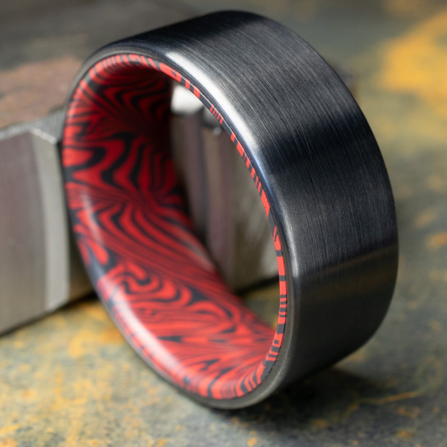 Black Titanium Ring Lined With Black and Red Mosaic Spectrum Damascus, Brushed Finish Black Titanium
