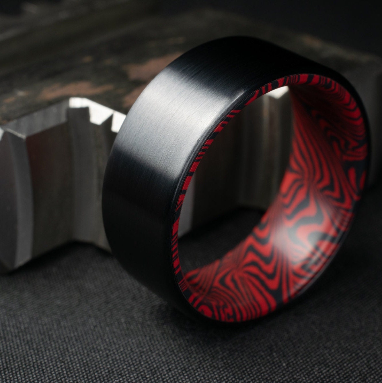 Black Titanium Ring Lined With Black and Red Mosaic Spectrum Damascus, Brushed Finish Black Titanium