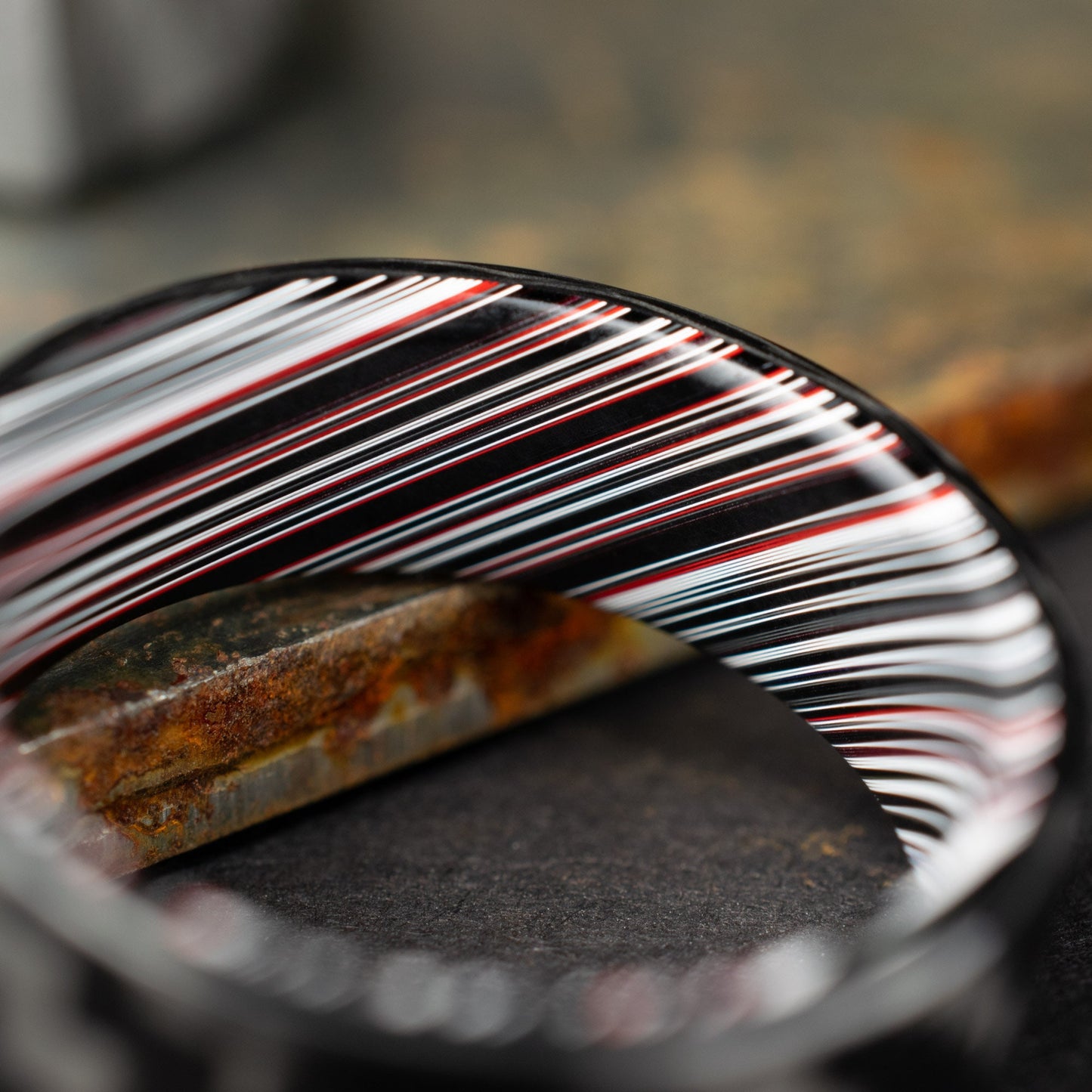 3k Twill Carbon Fiber Ring Lined With Tilted Fordite. Gloss Finish Carbon Fiber