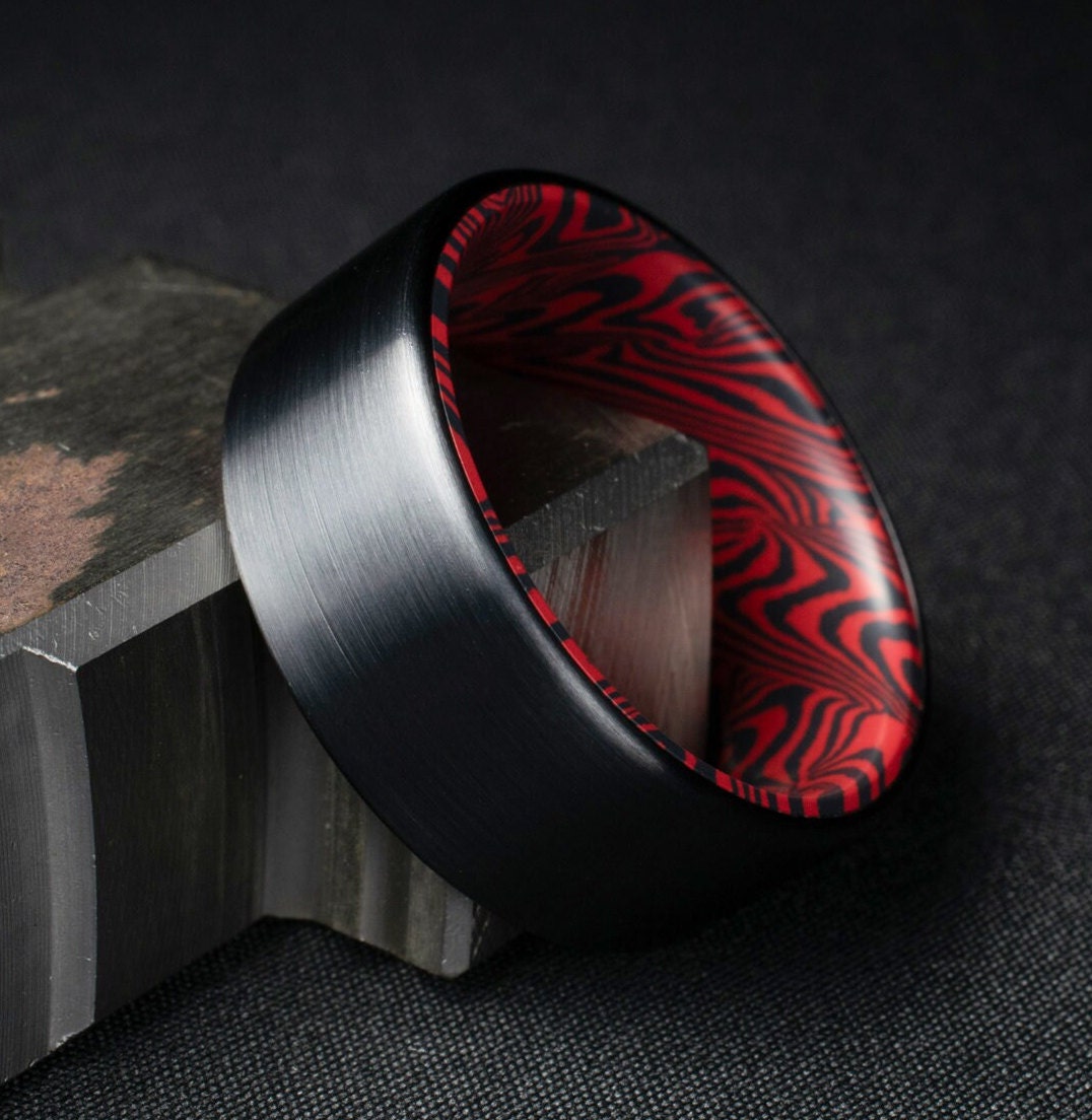 Black Titanium Ring Lined With Black and Red Mosaic Spectrum Damascus, Brushed Finish Black Titanium
