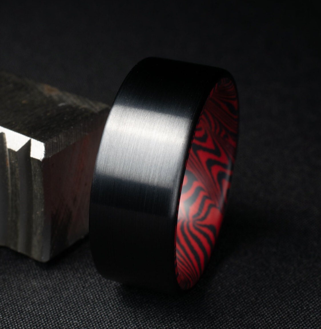 Black Titanium Ring Lined With Black and Red Mosaic Spectrum Damascus, Brushed Finish Black Titanium