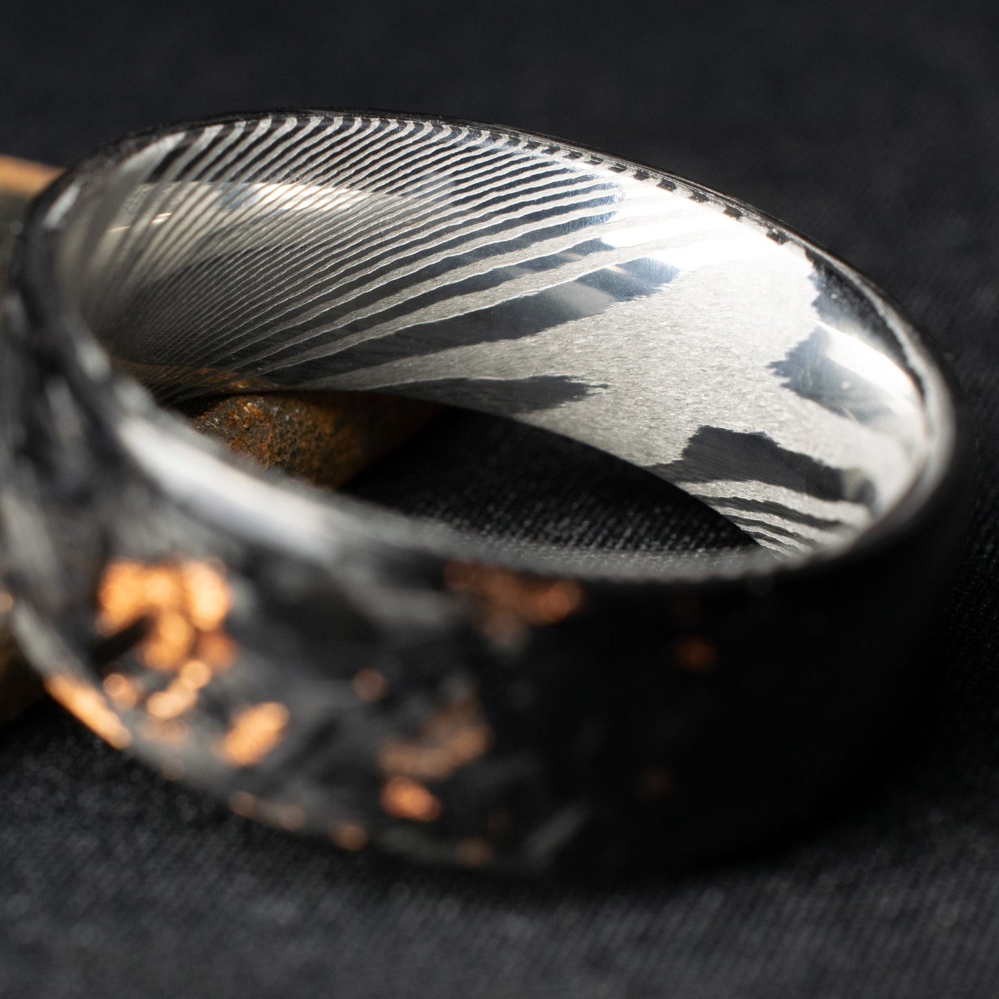 Polished Copper Chopped Carbon Fiber Lined With Damascus Steel