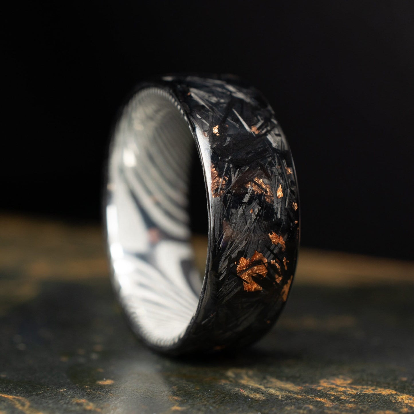 Polished Copper Chopped Carbon Fiber Lined With Damascus Steel