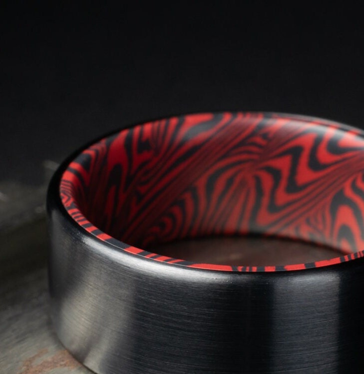 Black Titanium Ring Lined With Black and Red Mosaic Spectrum Damascus, Brushed Finish Black Titanium