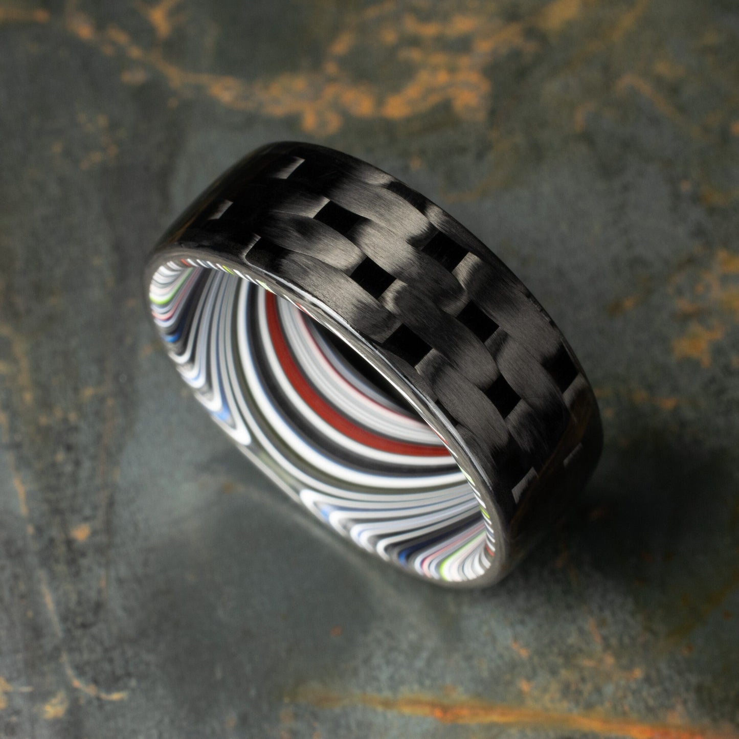 5HS Carbon Fiber Ring Lined With Tilted Premium Fordite