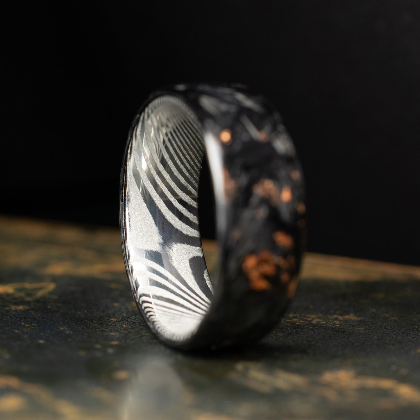 Polished Copper Chopped Carbon Fiber Lined With Damascus Steel