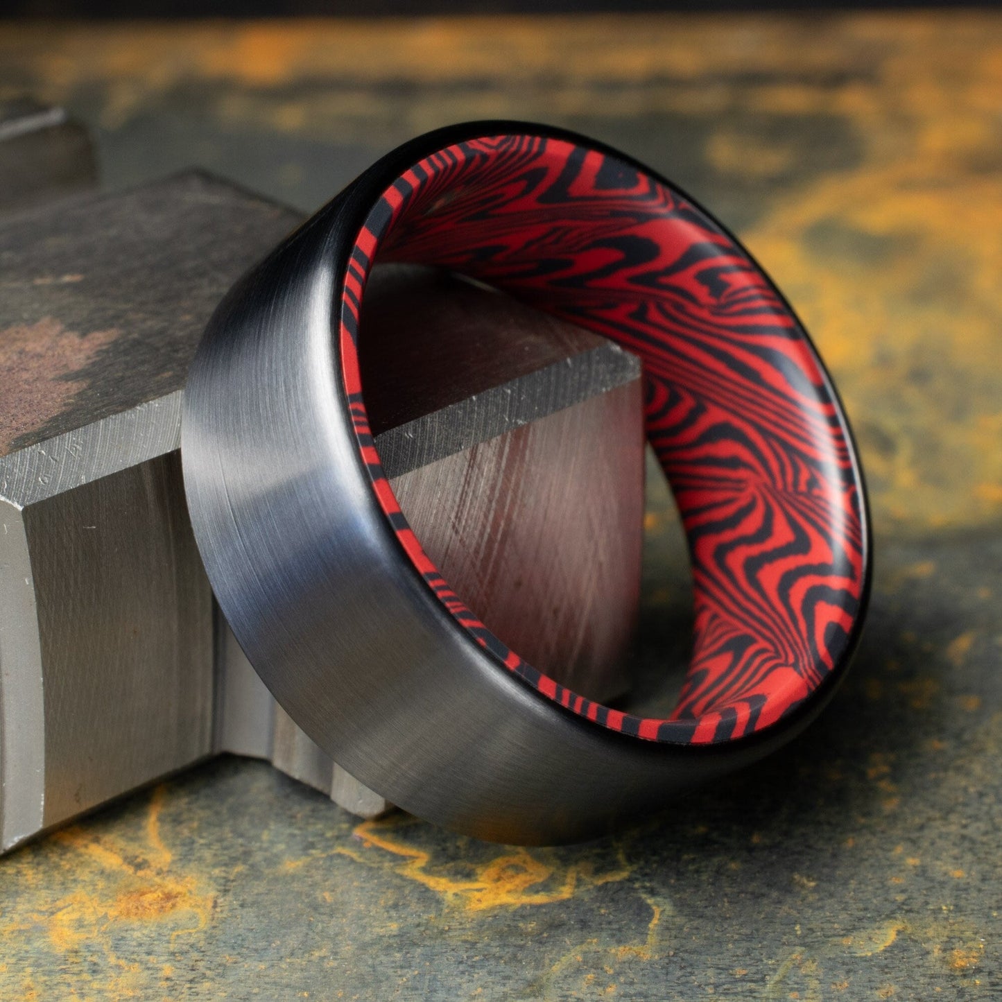 Black Titanium Ring Lined With Black and Red Mosaic Spectrum Damascus, Brushed Finish Black Titanium