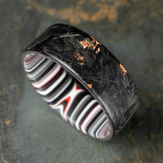 Men's Wedding Band, Copper Chopped Carbon Fiber, Lined With Crosscut Fordite. Matte Finish Carbon Fiber.