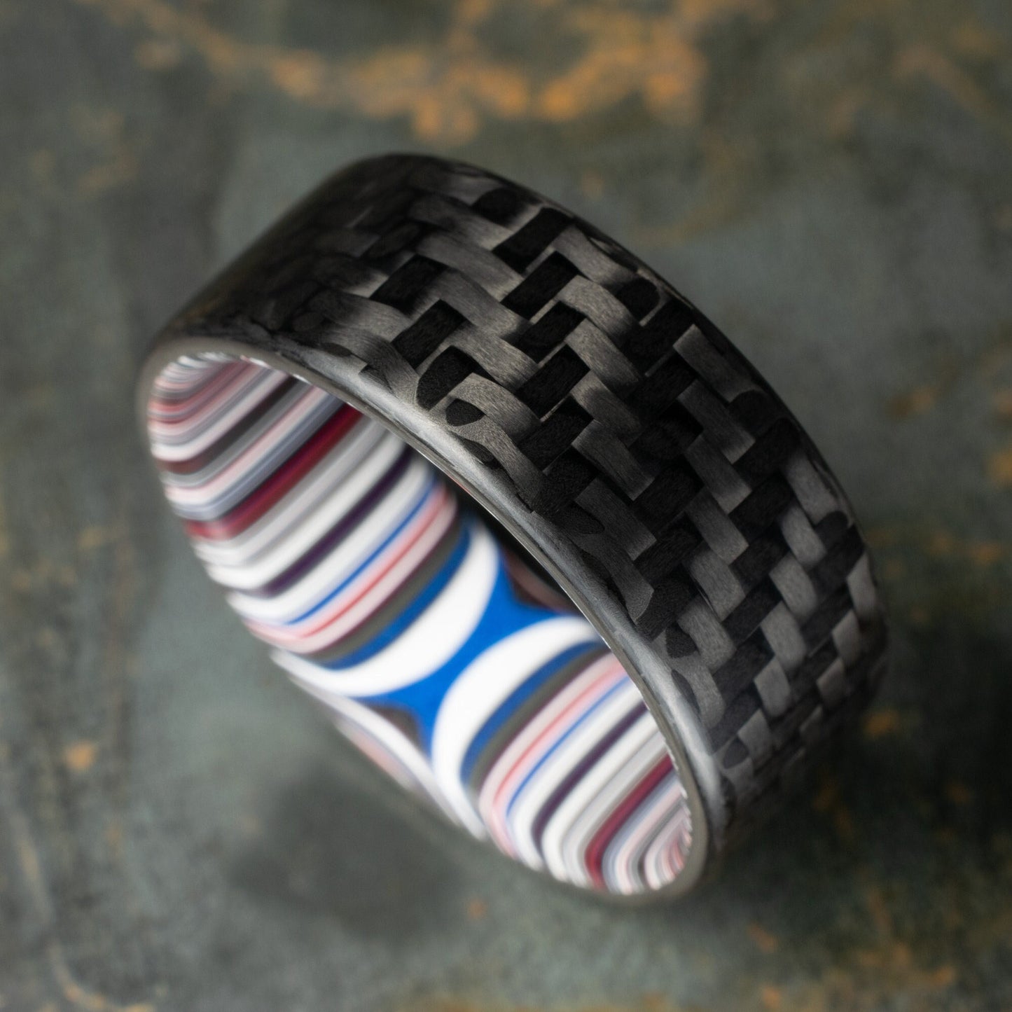 1k Twill Carbon Fiber Ring Lined With Crosscut Fordite. Matte Finish Carbon Fiber. Men's Wedding Band. Durable Men's Ring.