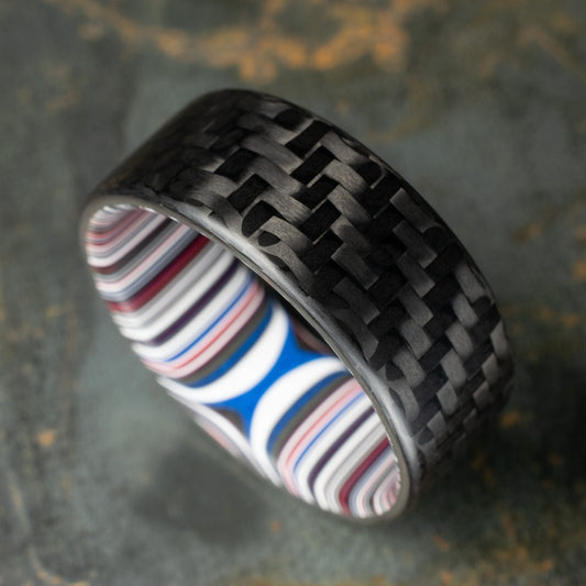 1k Twill Carbon Fiber Ring Lined With Crosscut Fordite. Matte Finish Carbon Fiber. Men's Wedding Band. Durable Men's Ring.