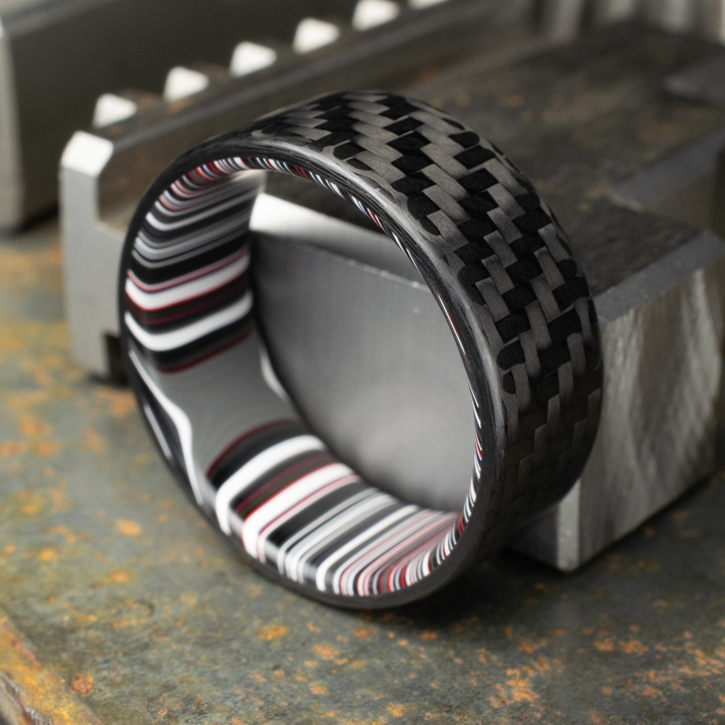 1k Twill Carbon Fiber Ring Lined With Crosscut Fordite. Matte Finish Carbon Fiber. Men's Wedding Band. Durable Men's Ring.