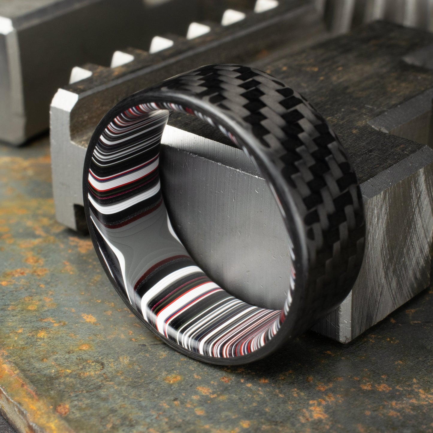 1k Twill Carbon Fiber Ring Lined With Crosscut Fordite. Matte Finish Carbon Fiber. Men's Wedding Band. Durable Men's Ring.