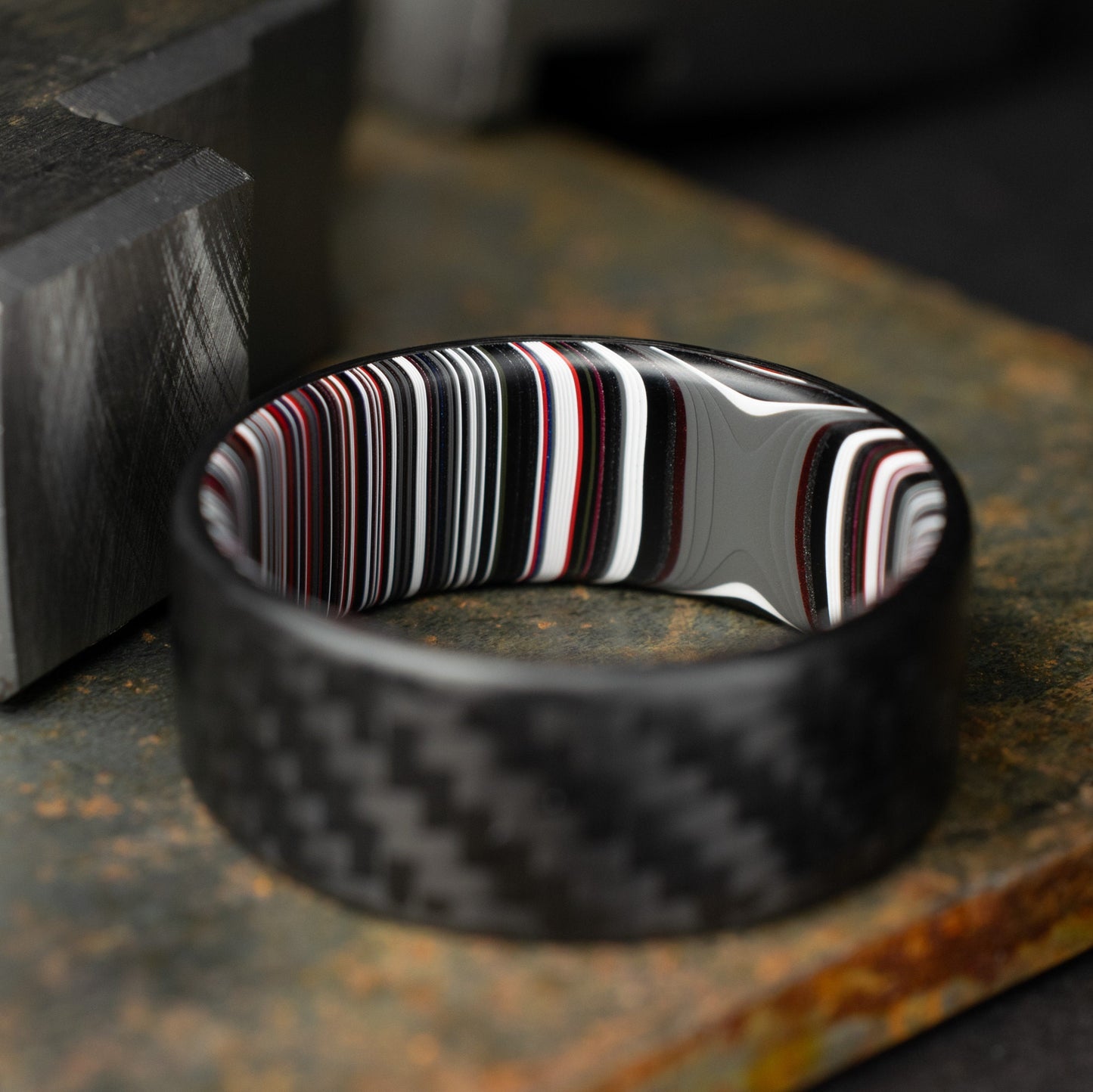 1k Twill Carbon Fiber Ring Lined With Crosscut Fordite. Matte Finish Carbon Fiber. Men's Wedding Band. Durable Men's Ring.