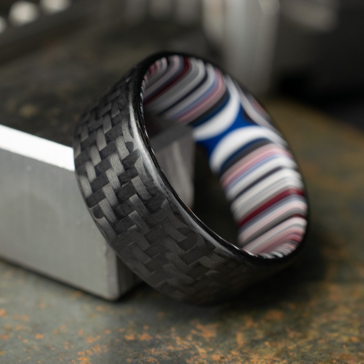 1k Twill Carbon Fiber Ring Lined With Crosscut Fordite. Matte Finish Carbon Fiber. Men's Wedding Band. Durable Men's Ring.