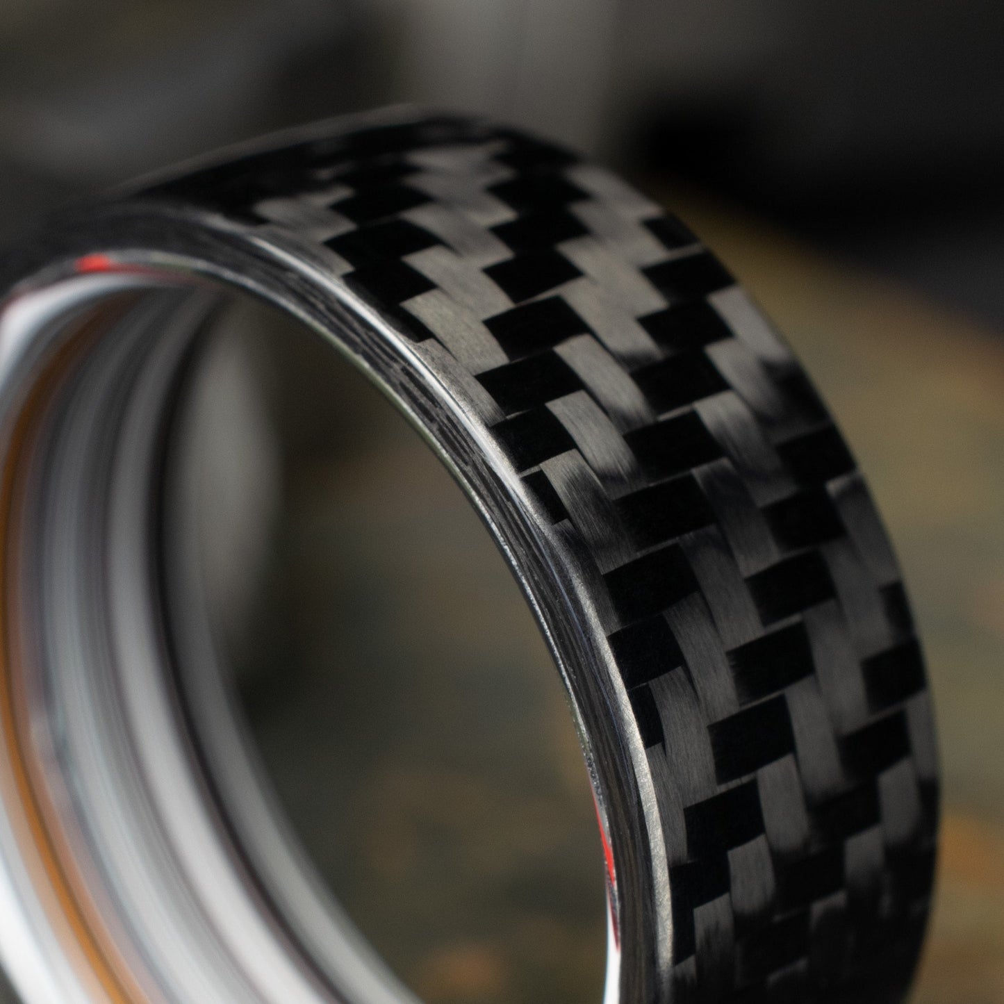 1k Twill Carbon Fiber Ring Lined With Straight Cut Fordite. Gloss Finish Carbon Fiber. Men's Wedding Band.