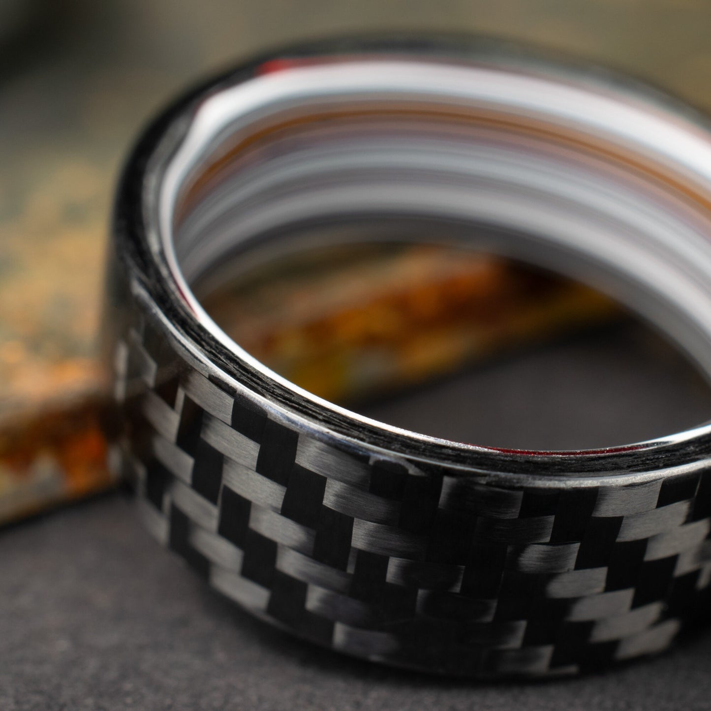 1k Twill Carbon Fiber Ring Lined With Straight Cut Fordite. Gloss Finish Carbon Fiber. Men's Wedding Band.