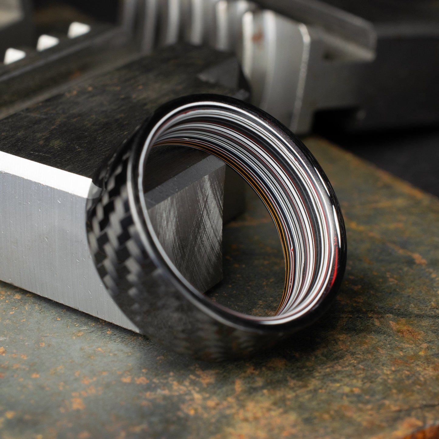 1k Twill Carbon Fiber Ring Lined With Straight Cut Fordite. Gloss Finish Carbon Fiber. Men's Wedding Band.