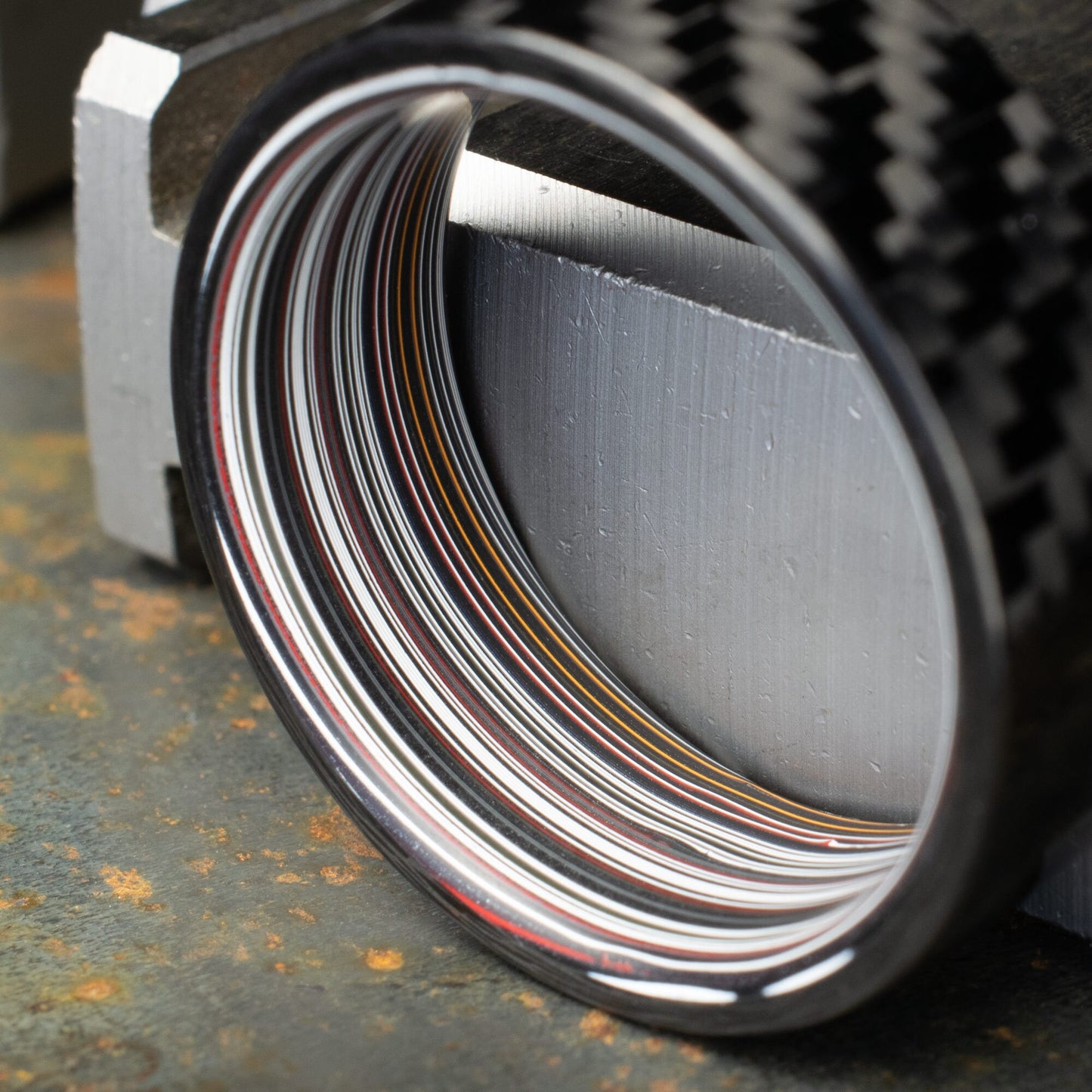 1k Twill Carbon Fiber Ring Lined With Straight Cut Fordite. Gloss Finish Carbon Fiber. Men's Wedding Band.