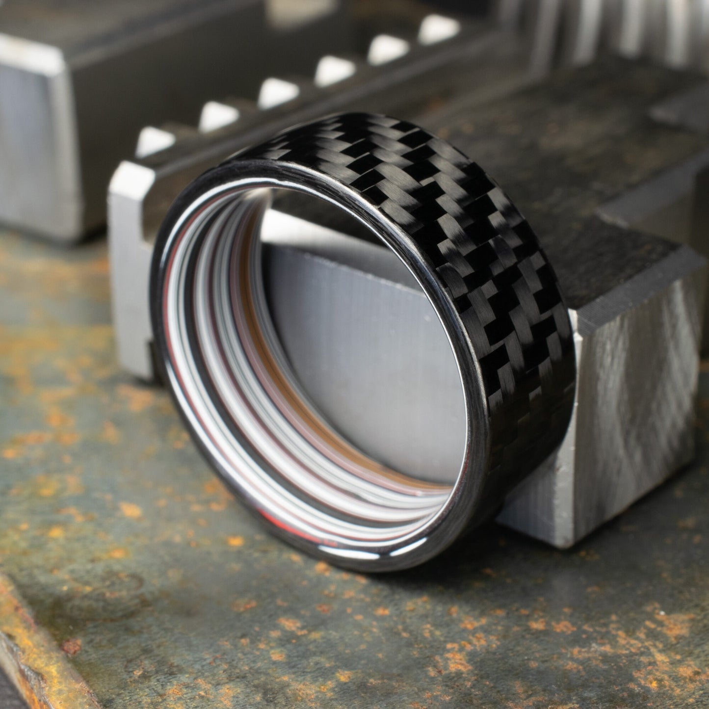 1k Twill Carbon Fiber Ring Lined With Straight Cut Fordite. Gloss Finish Carbon Fiber. Men's Wedding Band.