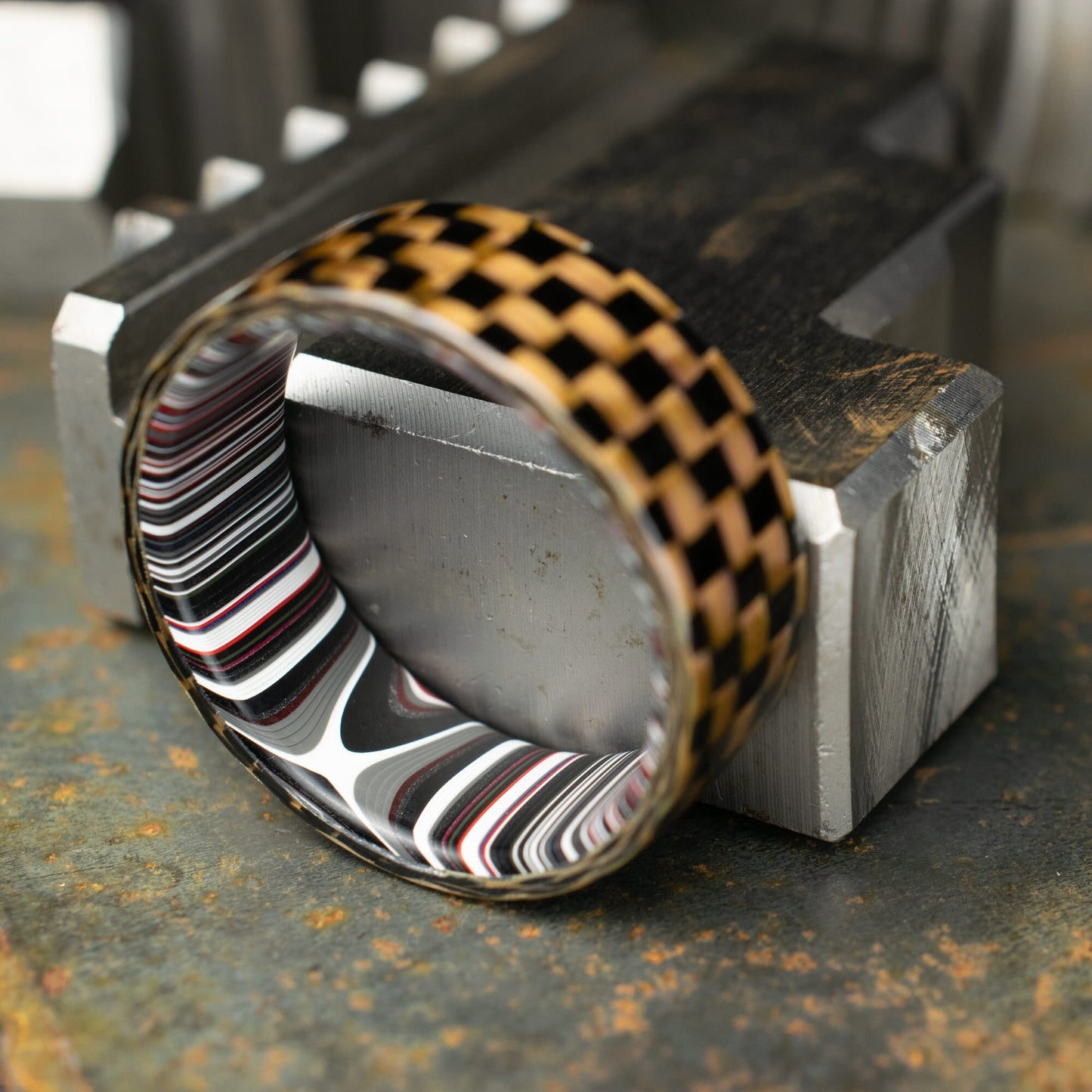Checkered Zylon/Carbon Fiber Ring Lined With Cross Cut Fordite. Gloss Finish Zylon/Carbon Fiber. Men's Wedding Band.