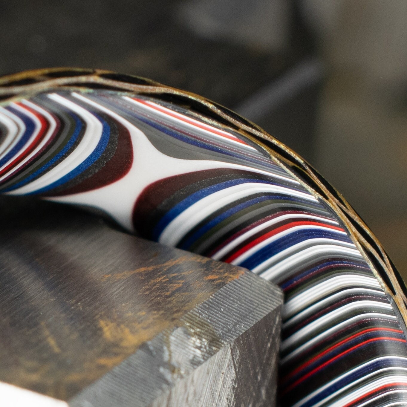 Checkered Zylon/Carbon Fiber Ring Lined With Cross Cut Fordite. Gloss Finish Zylon/Carbon Fiber. Men's Wedding Band.