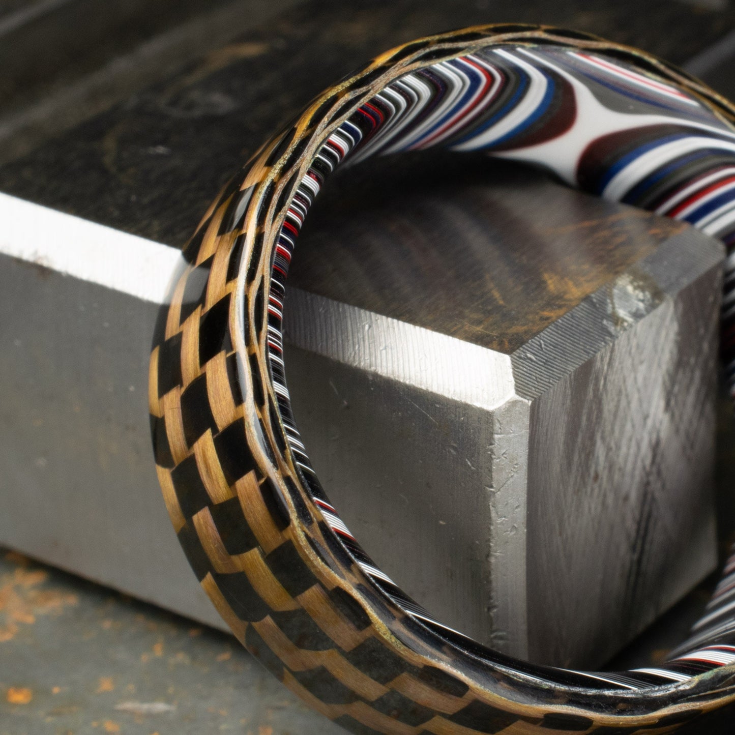 Checkered Zylon/Carbon Fiber Ring Lined With Cross Cut Fordite. Gloss Finish Zylon/Carbon Fiber. Men's Wedding Band.
