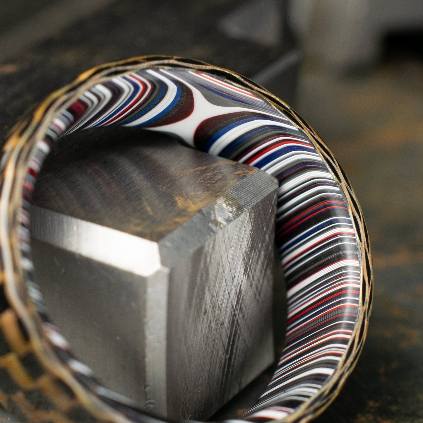 Checkered Zylon/Carbon Fiber Ring Lined With Cross Cut Fordite. Gloss Finish Zylon/Carbon Fiber. Men's Wedding Band.
