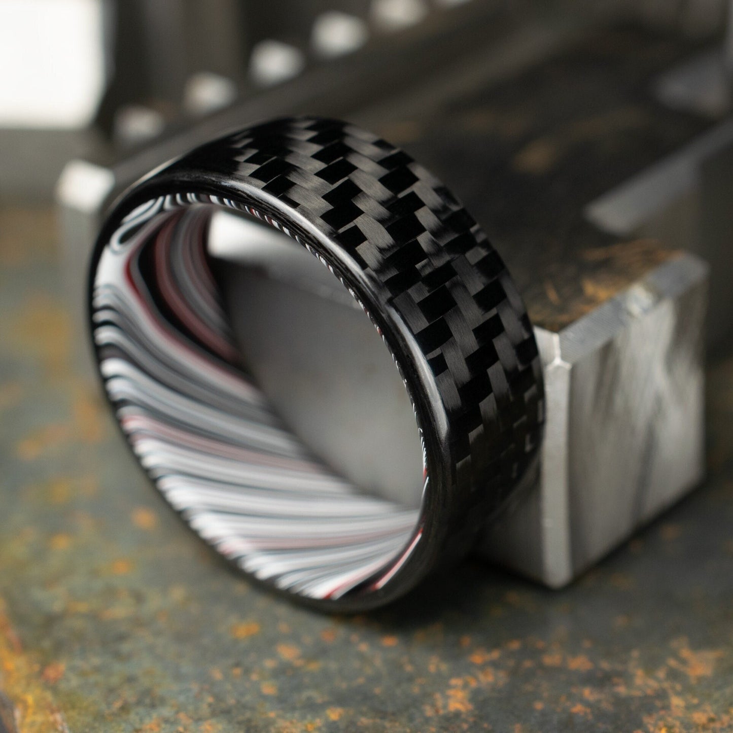 1k Twill Carbon Fiber Ring Lined With Tilted Fordite. Gloss Finish Carbon Fiber. Men's Wedding Band. Durable.