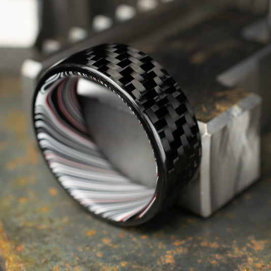 1k Twill Carbon Fiber Ring Lined With Tilted Fordite. Gloss Finish Carbon Fiber. Men's Wedding Band. Durable.