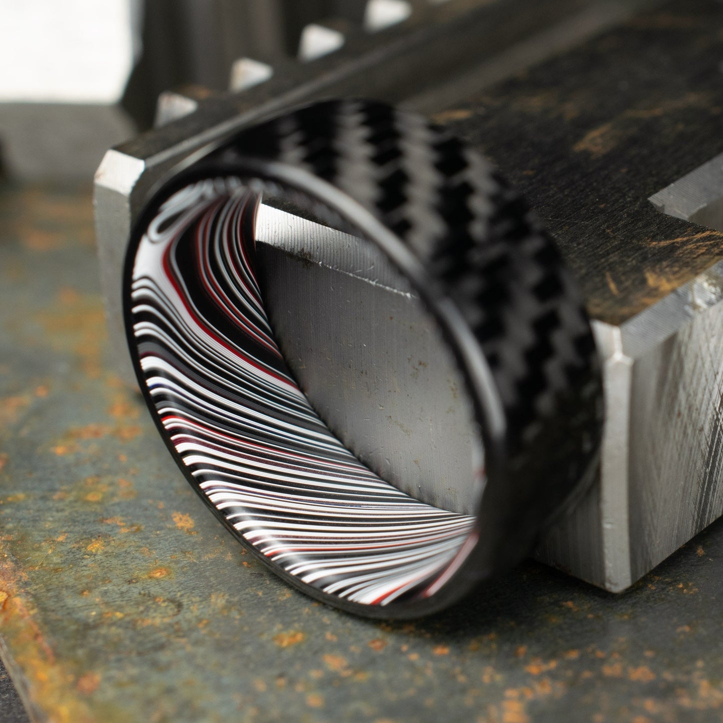 1k Twill Carbon Fiber Ring Lined With Tilted Fordite. Gloss Finish Carbon Fiber. Men's Wedding Band. Durable.