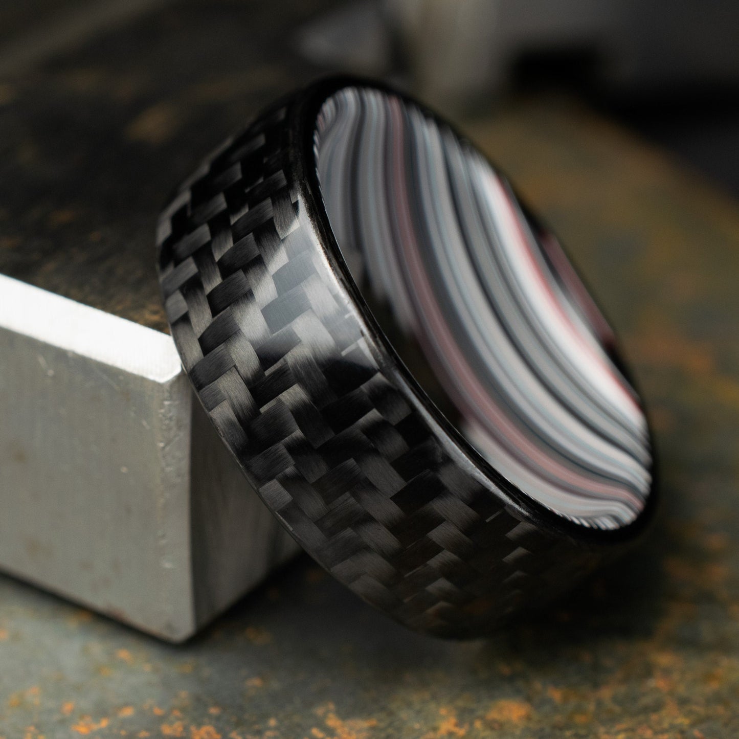1k Twill Carbon Fiber Ring Lined With Tilted Fordite. Gloss Finish Carbon Fiber. Men's Wedding Band. Durable.