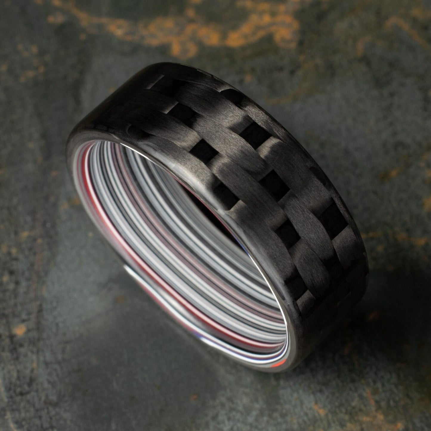 Men's Wedding Band. 5HS Carbon Fiber Ring Lined With Straight Cut Fordite. Matte Finish Carbon Fiber. Black Ring.
