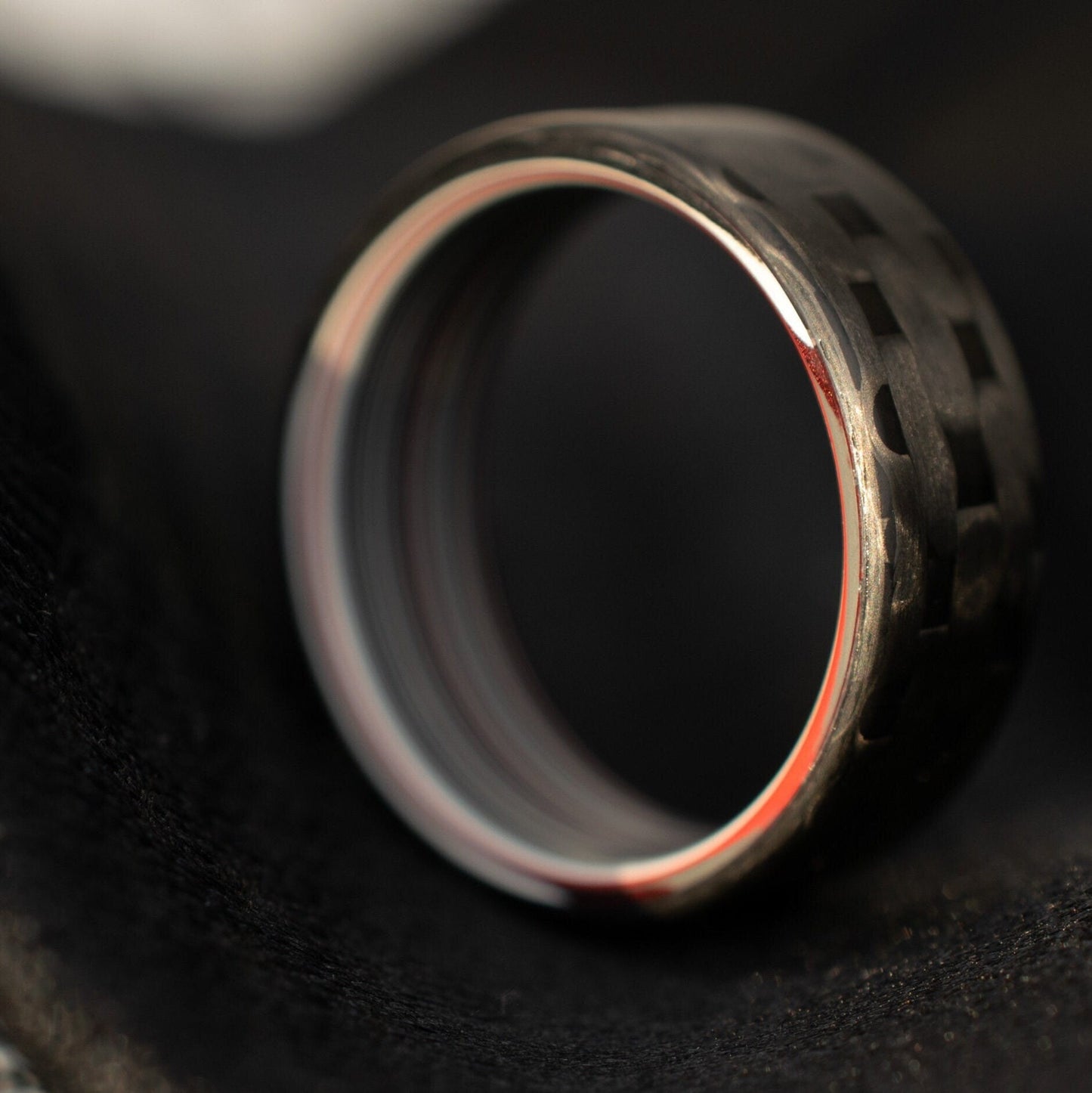 Men's Wedding Band. 5HS Carbon Fiber Ring Lined With Straight Cut Fordite. Matte Finish Carbon Fiber. Black Ring.