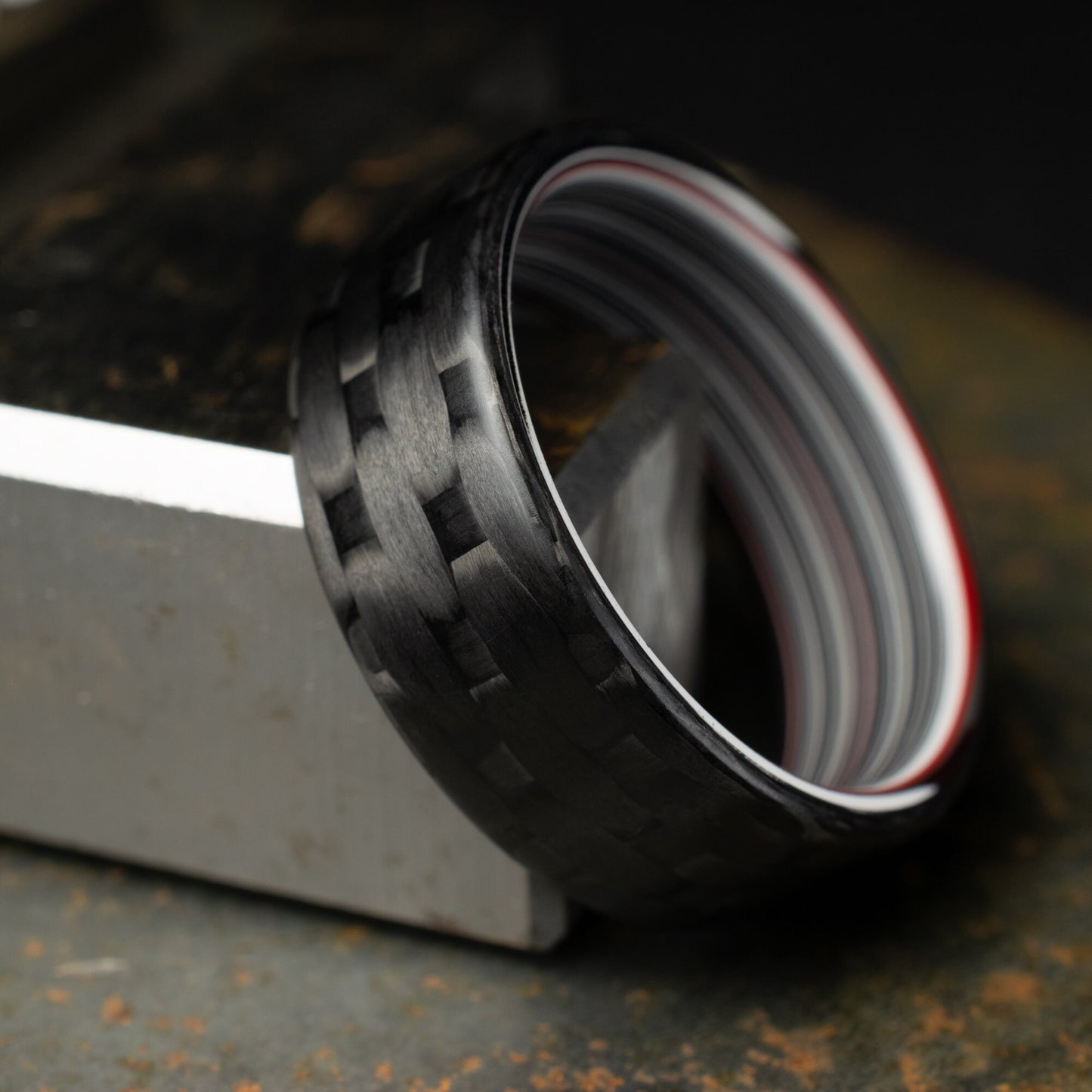 Men's Wedding Band. 5HS Carbon Fiber Ring Lined With Straight Cut Fordite. Matte Finish Carbon Fiber. Black Ring.