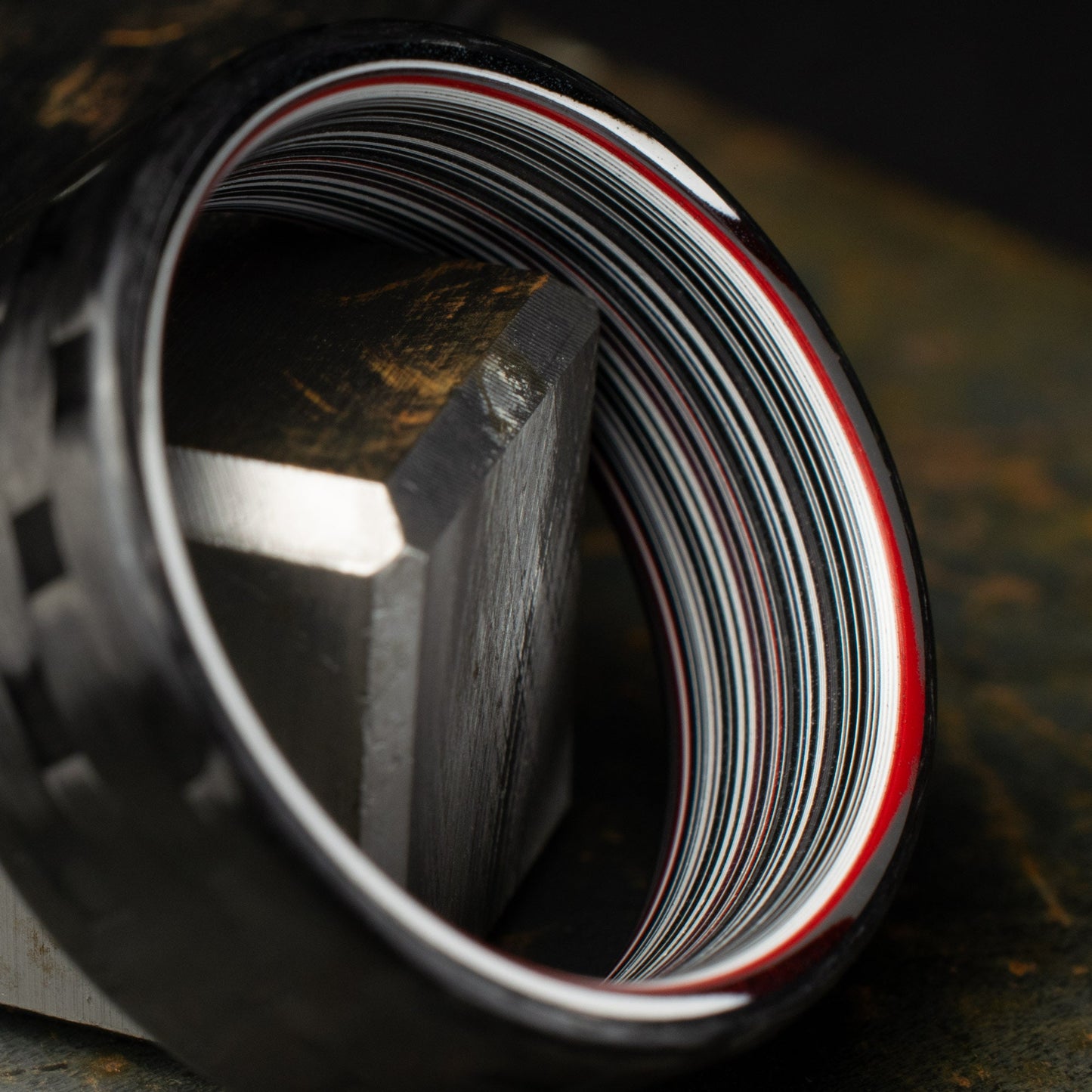 Men's Wedding Band. 5HS Carbon Fiber Ring Lined With Straight Cut Fordite. Matte Finish Carbon Fiber. Black Ring.