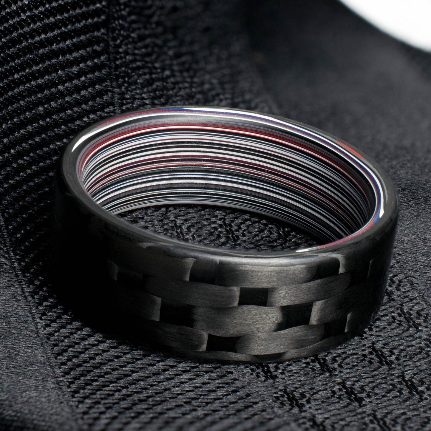 Men's Wedding Band. 5HS Carbon Fiber Ring Lined With Straight Cut Fordite. Matte Finish Carbon Fiber. Black Ring.