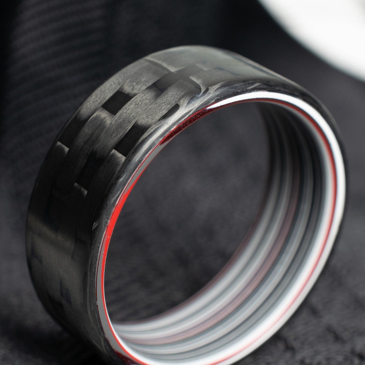 Men's Wedding Band. 5HS Carbon Fiber Ring Lined With Straight Cut Fordite. Matte Finish Carbon Fiber. Black Ring.