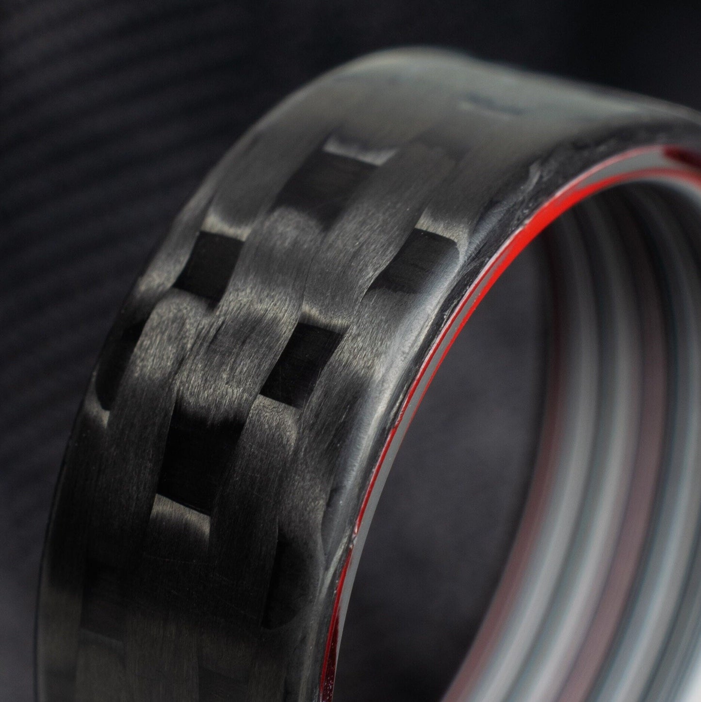 Men's Wedding Band. 5HS Carbon Fiber Ring Lined With Straight Cut Fordite. Matte Finish Carbon Fiber. Black Ring.