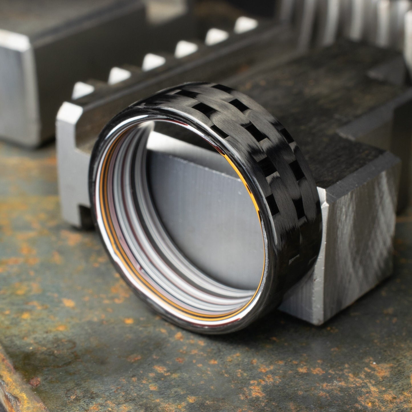 Men's Wedding Band. 5HS Carbon Fiber Ring Lined With Straight Cut Fordite. Gloss Finish Carbon Fiber. Black Ring.