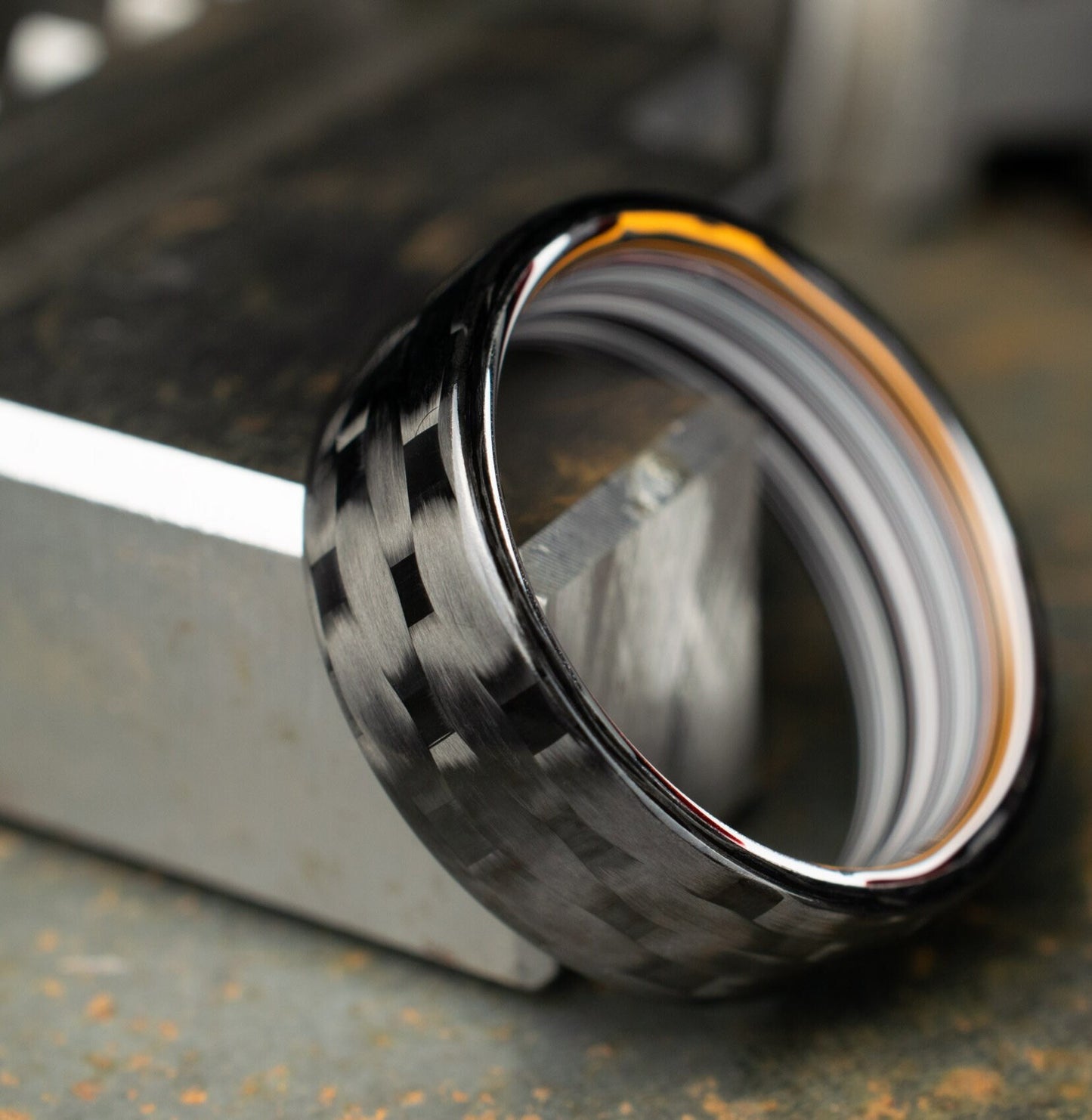 Men's Wedding Band. 5HS Carbon Fiber Ring Lined With Straight Cut Fordite. Gloss Finish Carbon Fiber. Black Ring.