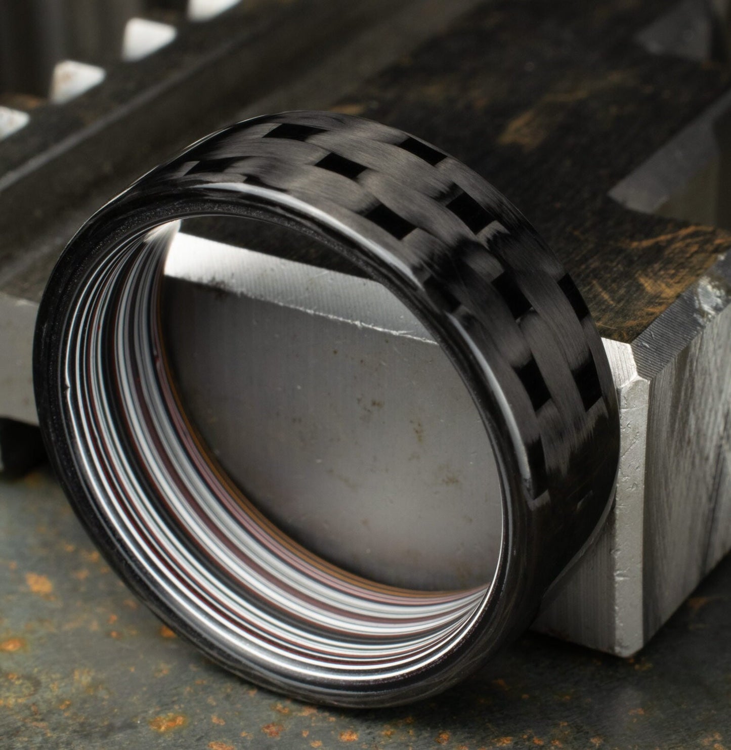 Men's Wedding Band. 5HS Carbon Fiber Ring Lined With Straight Cut Fordite. Gloss Finish Carbon Fiber. Black Ring.