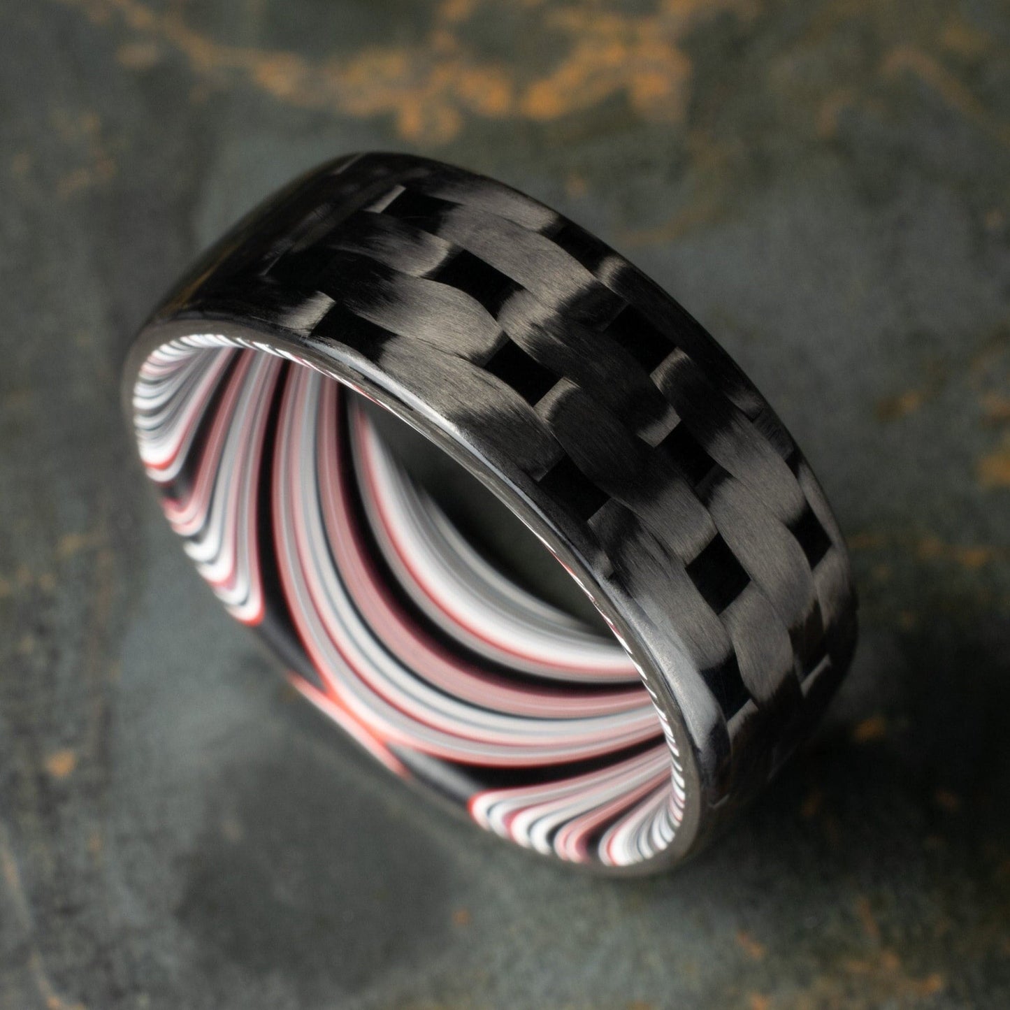 Men's Wedding Band. 5HS Carbon Fiber Ring Lined With Tilted Fordite. Gloss Finish Carbon Fiber. Black Ring.