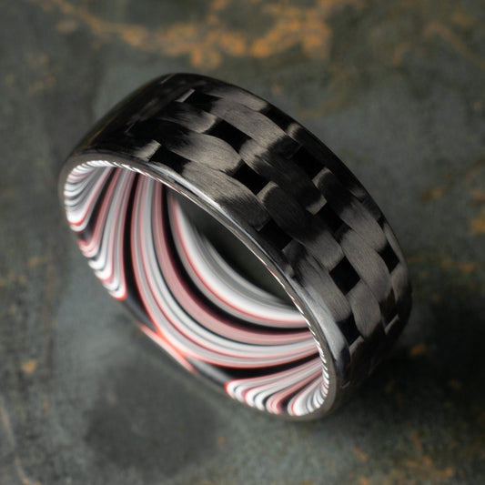Men's Wedding Band. 5HS Carbon Fiber Ring Lined With Tilted Fordite. Gloss Finish Carbon Fiber. Black Ring.